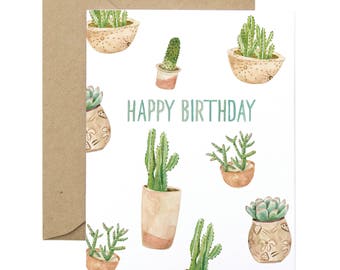 Cactus and Succulent Botanic Birthday Greeting Card - Illustrated Celebration, Happy Birthday Card