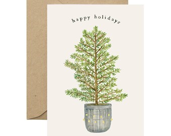 Festive Happy Holidays Fir Tree Greeting Card - Illustrated Winter, Christmas, Holiday Card