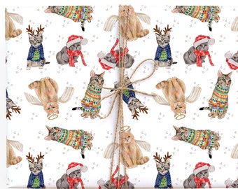 Holiday Cat Gift Wrap featuring cats in holiday outfits- this Cat Christmas Wrapping Paper makes for a fun cat lovers gift