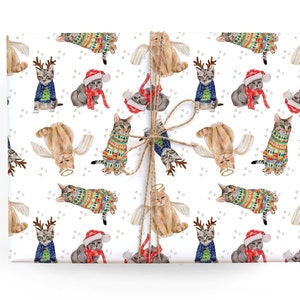 Holiday Cat Gift Wrap featuring cats in holiday outfits- this Cat Christmas Wrapping Paper makes for a fun cat lovers gift
