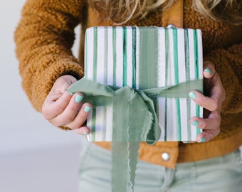 Christmas Wrapping Paper featuring Minimalist Watercolor Green Striped - Holiday Gift Wrap Sheets