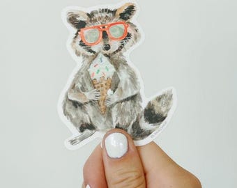 Raccoon with Ice Cream Sticker, Water Resistant Sticker Waterproof Vinyl for Laptop, Kindle, Water Bottle, Dishwasher Safe, Matte Sticker