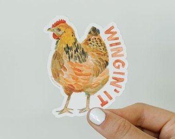 Wingin' It Chicken Sticker, Water Resistant Sticker Waterproof Vinyl for Laptop, Kindle, Water Bottle, Dishwasher Safe, Matte Sticker