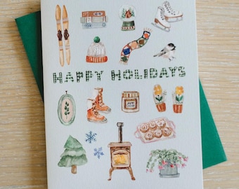 Happy Holidays Card, Cozy Winter A2 Greeting Card, Cute Holiday Card, Merry Christmas, Holiday Stationery, Nostalgic Christmas Handmade Card