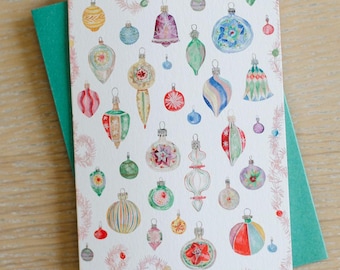 Vintage Ornament Card, Holiday Christmas Greeting Card, Single Card or Boxed Set, Blank Inside Folded Christmas Cards, Hand-Illustarted Card