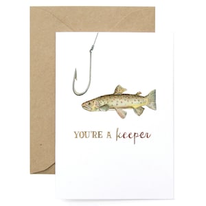 You&#39;re A Keeper Fishing Greeting Card - Illustrated Valentine&#39;s Day, Love You, Anniversary Card with Envelope Liner, Gift for Her