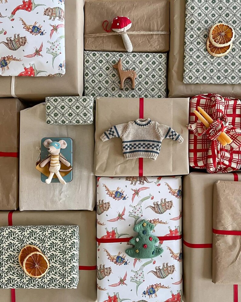 Christmas Wrapping Paper featuring cute Dinos in Christmas Sweaters. Perfect for kids and Dinosaur lovers! image 7