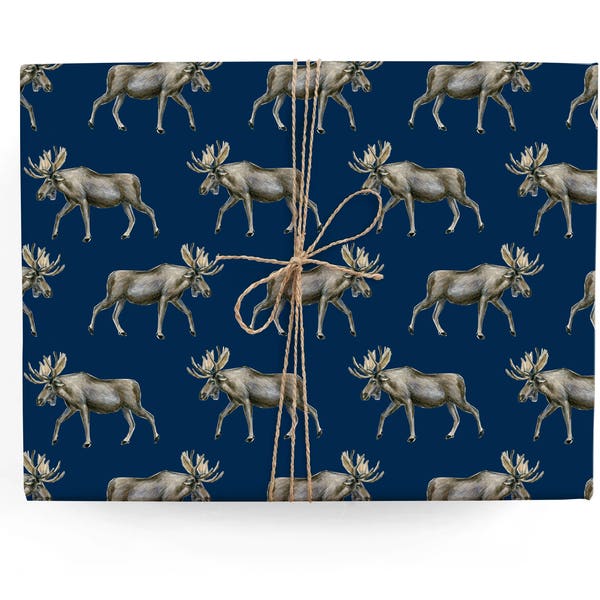 Rustic Blue Moose Pattern Gift Wrap - Illustrated Birthday, Celebration, Special Occasion Wrapping Paper