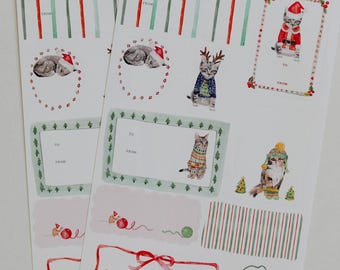 Holiday Cat Gift Stickers | Xmas To From Tag Sheet
