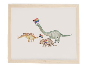 Rainbow Pride Art Print featuring Dinosaurs- Gay Pride Art- 8x10 Printed Physical Wall Art