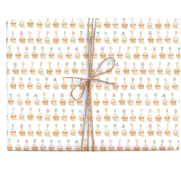 Happy Birthday Cupcake Wrapping Paper - Illustrated Recyclable Birthday Gift Wrap