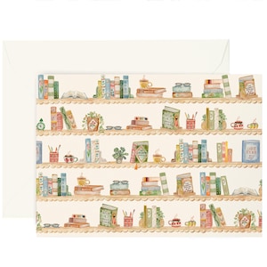 May include: A watercolor illustration of a bookshelf filled with books, potted plants, and mugs. The books are in various colors and sizes, with some open and others stacked. A cream-colored envelope is behind the bookshelf.