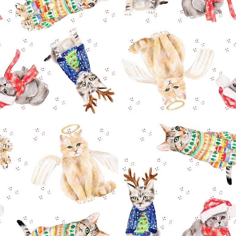 Puede incluir: Un patr&oacute;n sin costuras con ilustraciones de acuarela de gatos vestidos con atuendos festivos. Los gatos se representan en varias poses, incluyendo el uso de cuernos de reno, alas de &aacute;ngel y su&eacute;teres navide&ntilde;os. El fondo es blanco con un sutil patr&oacute;n de lunares rojos.