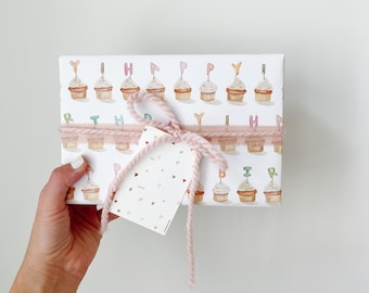 Happy Birthday Cupcake Wrapping Paper - Illustrated Recyclable Birthday Gift Wrap