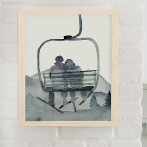 Watercolor Gondola Ski Couple Art Print