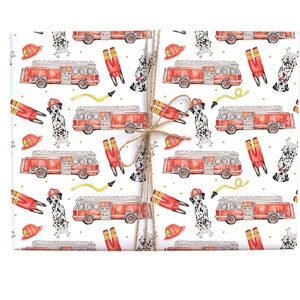 Fire Truck Gift Wrap featuring- this recyclable wrapping paper is perfect for kids firefighter birthdays, retirement parties, and more!