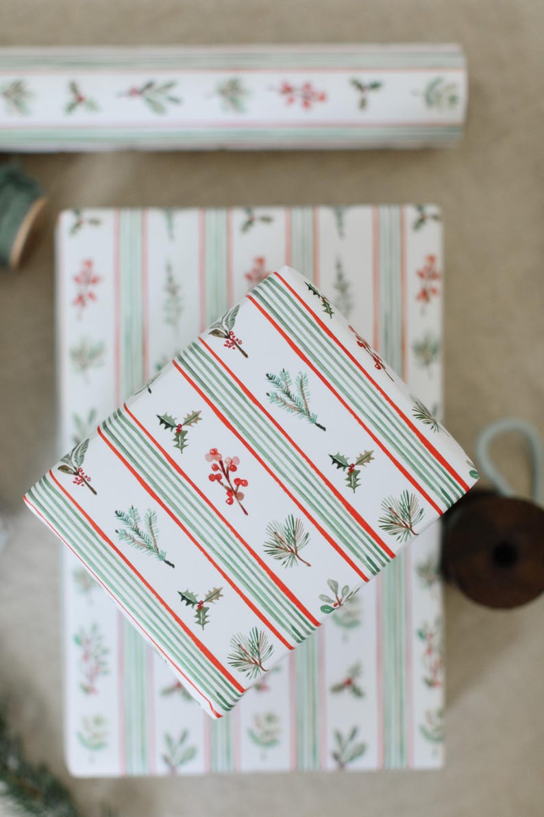 Holiday Garland Gift Wrap: Floral Stripes Christmas Wrapping Paper ...
