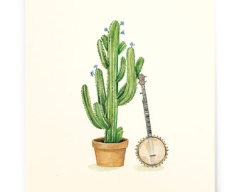 Cactus and Banjo Art Print - Illustrated Feel Good Wall Decor, Botanical, Succulent, 8x10, Nursery, Office, Classroom, Gardener