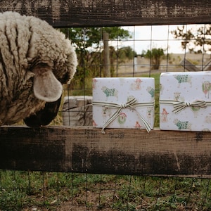 May include: Two gift boxes wrapped in white paper with a pattern of sheep and other farm animals. Each box is tied with a striped ribbon. A sheep is seen in the left of the frame, looking at the boxes.
