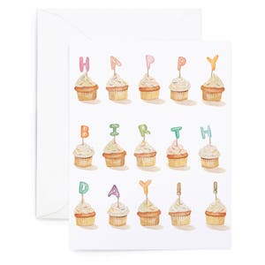 Happy Birthday Cupcakes Greeting Card - Illustrated Celebration, Friendship, Birthday Card