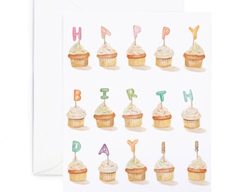 Happy Birthday Cupcakes Greeting Card - Illustrated Celebration, Friendship, Birthday Card
