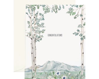 Congratulations Greeting Card featuring illustrated mountains, perfect for weddings, new job, bridal showers