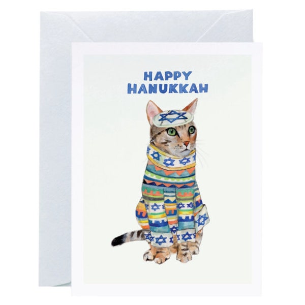 Meowzal-Tov Card, Cat Hannukkah Card, Holiday Design - Hand Illustrated, Kitten, Sweater