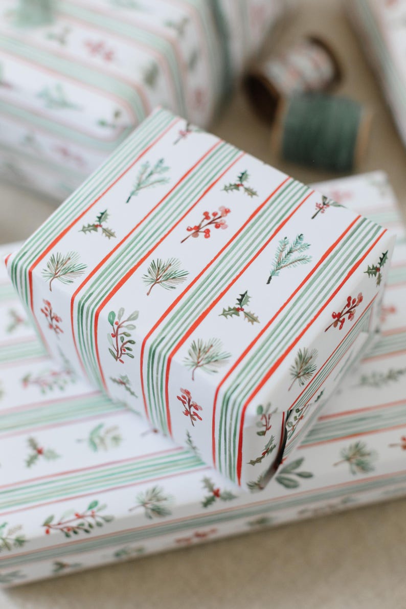 Holiday Garland Gift Wrap: Floral Stripes Christmas Wrapping Paper ...