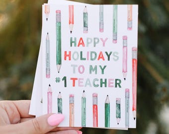 Teacher Christmas Card - #1 Teacher Holiday Greeting Card - Printed Merry Christmas Card for Teacher, Daycare Provider