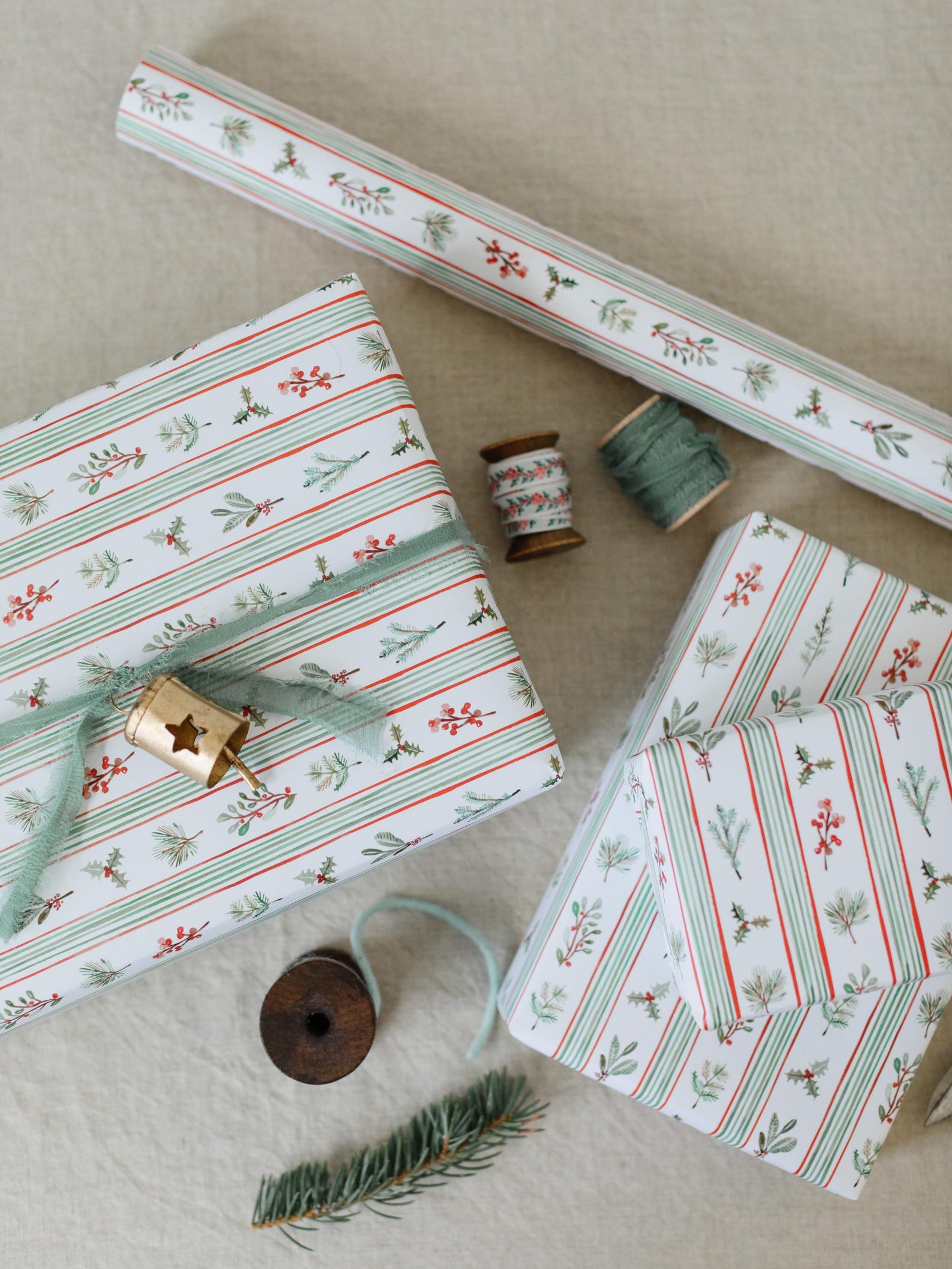 Holiday Garland Gift Wrap: Floral Stripes Christmas Wrapping Paper ...