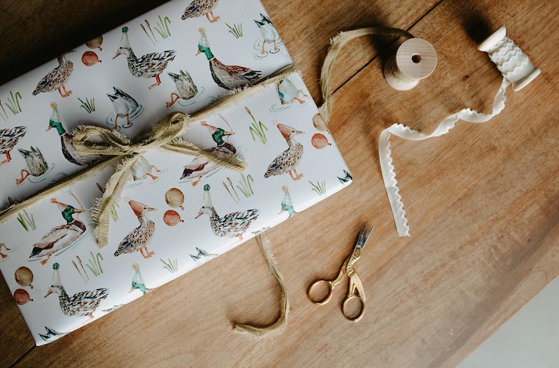 Birthday Duck Gift Wrap Roll- One Lucky Duck Birthday Party, Birthday Wrapping Paper, Illustrated Gift Wrap Sheets image 3