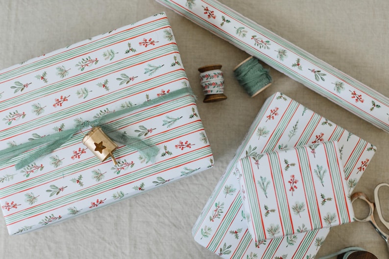 Holiday Garland Gift Wrap: Floral Stripes Christmas Wrapping Paper ...