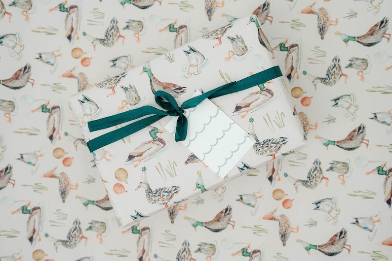 Birthday Duck Gift Wrap Roll- One Lucky Duck Birthday Party, Birthday Wrapping Paper, Illustrated Gift Wrap Sheets image 2