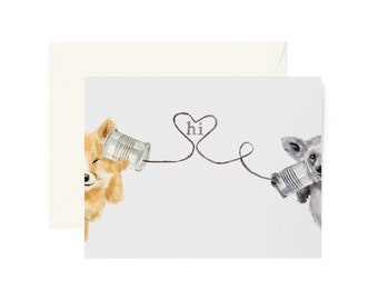 Friendship Card featuring a cute Tin Can Animals calling each other- Great Thinking of You Card or Just Because Card