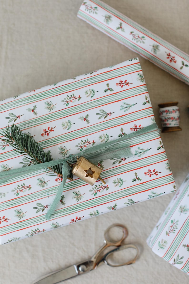 Holiday Garland Gift Wrap: Floral Stripes Christmas Wrapping Paper ...