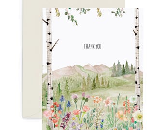 Mountain Meadow Thank You Greeting Card, A2 Mountain Card,  Blank Inside Card, Hand Drawn Illustrated Card
