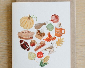 Thanksgiving Heart Greeting Card, Cute Gratitude Card, Handmade Card, Give Thanks Thanksgiving Hostess Card