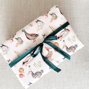 May include: White gift wrap with a green ribbon. The wrapping paper features a repeating pattern of ducks wearing party hats and holding balloons. The ducks are surrounded by green reeds and water.