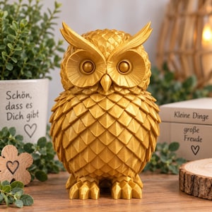 Può includere: Una statuetta di gufo dorata con una texture di piume geometrica e sfaccettata. Il gufo ha grandi occhi rotondi, ciuffi auricolari appuntiti e artigli affilati. La superficie ha una lucentezza metallica e un motivo triangolare ripetuto.