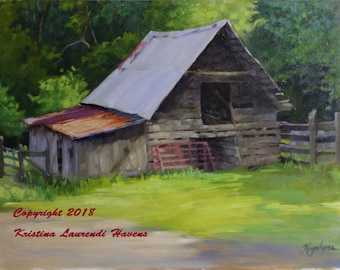 Old Barn with Red Gate in Blue Ridge Gerorgia Original Oil Painting
