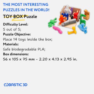 May include: A colourful 3D printed toy box puzzle with 14 pieces. The puzzle is made of safe biodegradable PLA and measures 56 x 105 x 75 mm or 2.20 x 4.13 x 2.95 inches. The puzzle is rated a difficulty level of 5 out of 5. The text "TOY BOX Puzzle" is written in yellow and black.