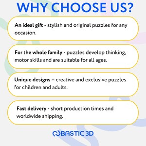 May include: A graphic with the text "WHY CHOOSE US?" in a blue and yellow colour scheme. The graphic lists four reasons to choose the company: an ideal gift, for the whole family, unique designs, and fast delivery.