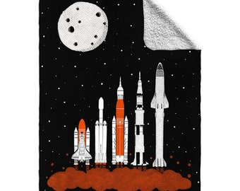 Rockets Fleece Blanket, Space Shuttle Design, Cozy Throw in 2 Sizes
