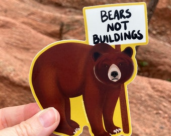 Animal Activist Bear Sticker 4" on Yellow Green Background Die Cut