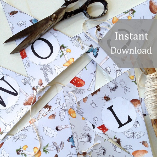 Printable, Customizable, Woodland Bunting, Banner - Digital - DIY PDF - School Room Art, Woodland Nursery