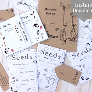 Seed Bundle - Samen Umschläge & Tags + Gartenarbeit Notizbuch Cover mit Samen und Sämlingen Karten - druckbare PDF, Lehrmaterial, Botanik