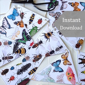 DIY Insects Bunting - Digital - Printable PDF - School Room Art, moths, Butterflies, Bees, Beetles, Montessori, Watercolor