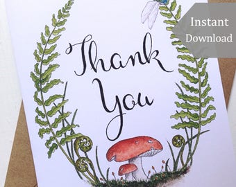 Printable Thank You Cards & Postcards - Digital, Woodland, Typography, Forest, Mushroom, Ferns