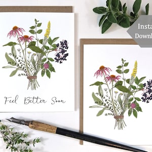 Printable Feel Better Soon Cards - Get Well Soon and Blank Medicinal Herb Bouquet - Botanical Bundle - Blank Inside - A4 and Letter Size