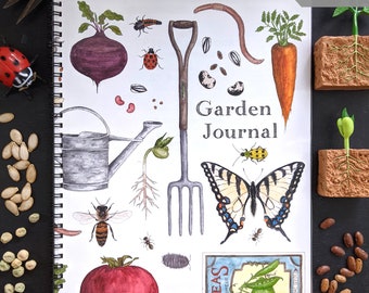 May include: A printable garden journal with illustrations of gardening tools, plants, and insects. The journal cover features a fork, watering can, tomato, carrot, beet, peas, a butterfly, and a bee. The text on the cover reads "Garden Journal".